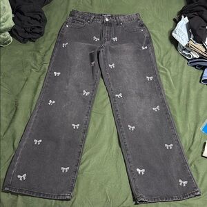Washed Black High Rise Jeans with Bows